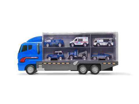 Transporter ciężarówka TIR wyrzutnia + metalowe auta policja Transporter ciężarówka TIR wyrzutnia + metalowe auta policja