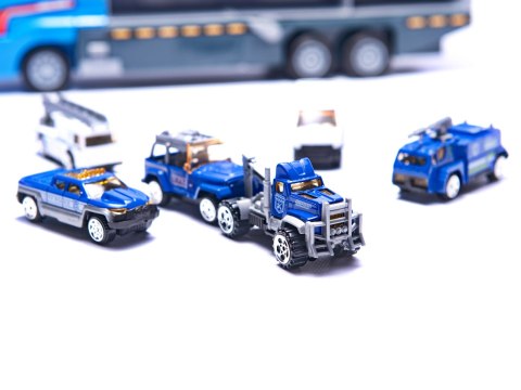Transporter ciężarówka TIR wyrzutnia + metalowe auta policja Transporter ciężarówka TIR wyrzutnia + metalowe auta policja