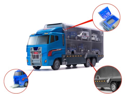 Transporter ciężarówka TIR wyrzutnia + metalowe auta policja Transporter ciężarówka TIR wyrzutnia + metalowe auta policja