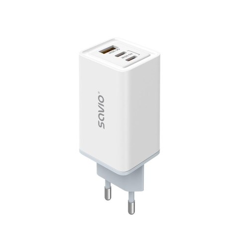 Ładowarka sieciowa 65W Savio GaN LA-07 z kablem USB-A- USB typ C 1 m, biała Ładowarka sieciowa 65W Savio GaN LA-07 z kablem USB-A- USB typ C 1 m, biała