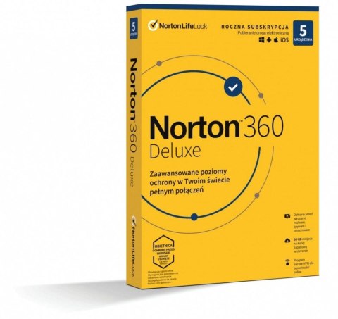 Oprogramowanie NORTON 360 Deluxe 50GB PL 1 użytkownik, 5 urządzeń, 1 rok Oprogramowanie NORTON 360 Deluxe 50GB PL 1 użytkownik, 5 urządzeń, 1 rok
