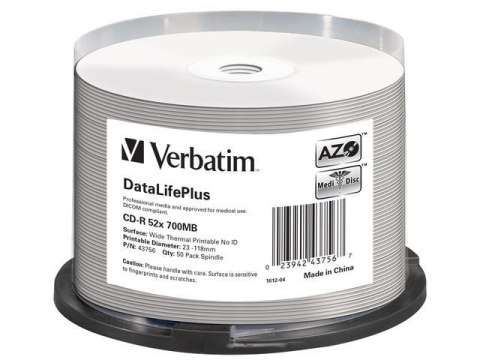 Płyty CD-R Verbatim 700MB DL+ AZO Thermal Printable Medi Disc No ID (cake 50) Płyty CD-R Verbatim 700MB DL+ AZO Thermal Printable Medi Disc No ID (cake 50)