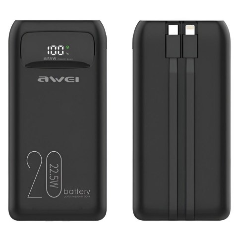 Powerbank Awei P169K 20000mAh 22,5W 1xUSB-C PD + 1xUSB-A Fast Charge -wbudowane kable USB-C / Lightning -czarny Powerbank Awei P169K 20000mAh 22,5W 1xUSB-C PD + 1xUSB-A Fast Charge -wbudowane kable USB-C / Lightning -czarny