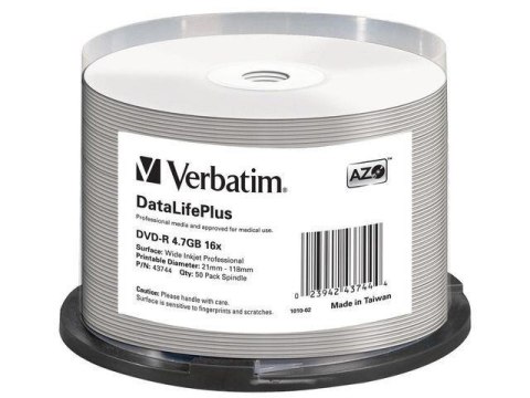 Płyty DVD-R Verbatim 4.7GB X16 AZO DL+ printable NO ID (50 Cake) Płyty DVD-R Verbatim 4.7GB X16 AZO DL+ printable NO ID (50 Cake)