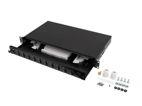 Przełącznica światłowodowa Lanberg 12xSC Duplex / 12xLC Quad Rack 19" 1U Czarna + akcesoria Przełącznica światłowodowa Lanberg 12xSC Duplex / 12xLC Quad Rack 19" 1U Czarna + akcesoria