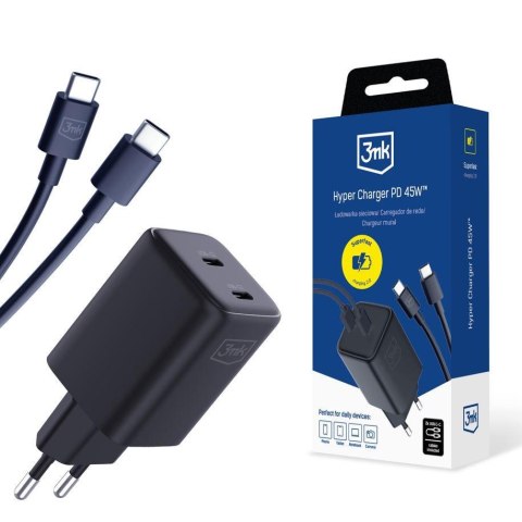 Ładowarka sieciowa 3mk Hyper Charger PD 45W+USB Cable C to C Black Ładowarka sieciowa 3mk Hyper Charger PD 45W+USB Cable C to C Black