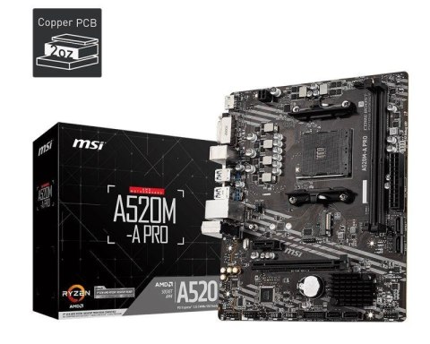 Płyta MSI A520M-A PRO /AMD A520/DDR4/SATA3/M.2/USB3.1/PCIe3.0/AM4/mATX Płyta MSI A520M-A PRO /AMD A520/DDR4/SATA3/M.2/USB3.1/PCIe3.0/AM4/mATX