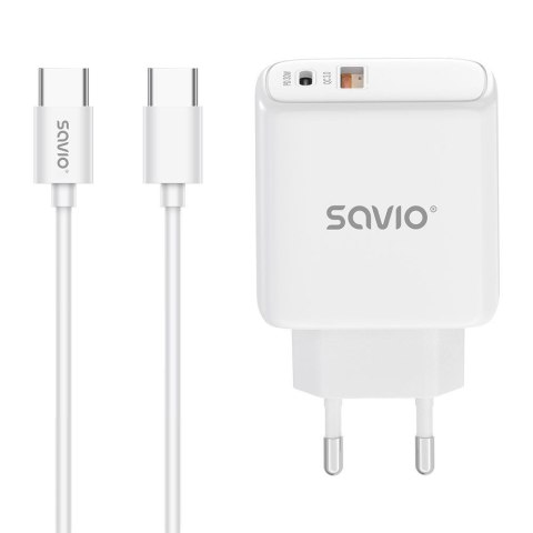 Ładowarka sieciowa z kablem USB-C Savio LA-10 30W Quick Charge, Power Delivery 3.0, biała Ładowarka sieciowa z kablem USB-C Savio LA-10 30W Quick Charge, Power Delivery 3.0, biała