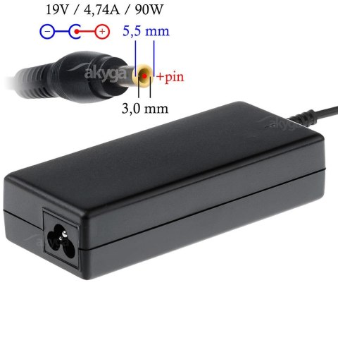 Zasilacz sieciowy Akyga AK-ND-27 do notebooka 19V/4,74A 90W 5.5x3.0mm + pin Zasilacz sieciowy Akyga AK-ND-27 do notebooka 19V/4,74A 90W 5.5x3.0mm + pin