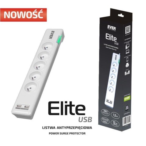 Listwa antyprzepięciowa Ever ELITE USB 1,5m Listwa antyprzepięciowa Ever ELITE USB 1,5m